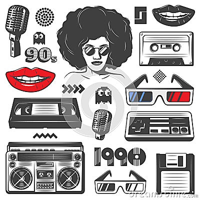 Vintage 90s Style Elements Set Vector Illustration