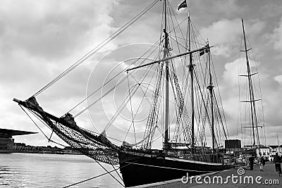 Vintage sail ship in black and white couple hundred years old in Port Editorial Stock Photo