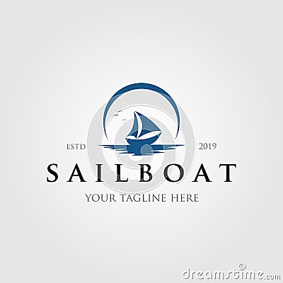 Vintage sailboat logo with sun or moon logo Vector Illustration