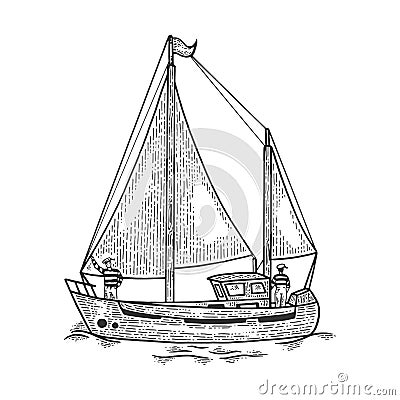 Vintage sailing yacht boat sketch engraving vector Vector Illustration