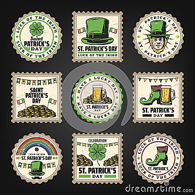 Vintage Saint Patricks Day Stamps Set Vector Illustration