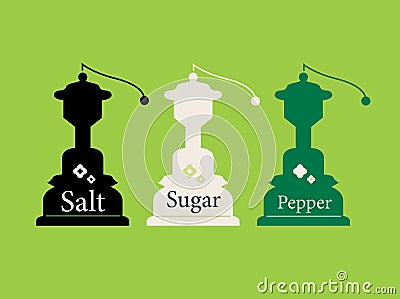 Vintage Salt, Sugar and Pepper collection isolated on wild green Stock Photo
