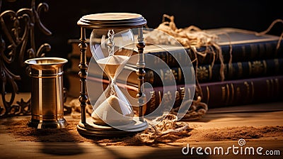 Vintage sand hourglass and old paper books stack generative AI Stock Photo