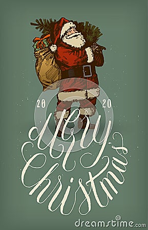 Vintage Santa Claus with beautiful Merry Christmas calligraphy card Vector Illustration