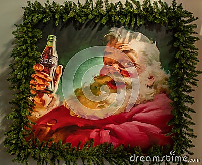 Vintage Santa Claus mural and ornaments at Seaworlds Christmas Celebration. Editorial Stock Photo