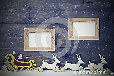 Vintage Santa Claus Sled, Snowflake, Copy Space, Two Frame Stock Photo