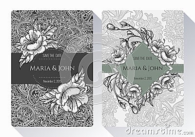 Vintage save the date or wedding invitation card collection with black and white flowers, leaves and branches. Vector Illustration