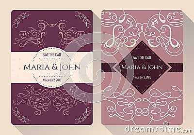 Vintage save the date or wedding invitation card collection with calligraphic decorative elements Vector Illustration