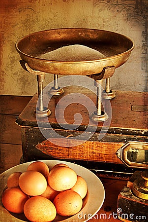 Vintage scales and ingredients Stock Photo