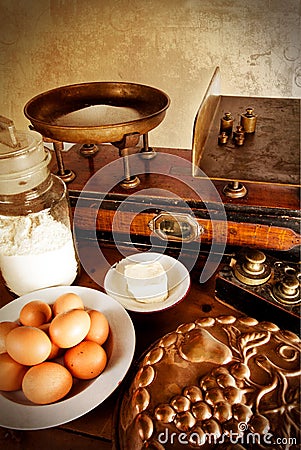 Vintage scales and ingredients, detail Stock Photo