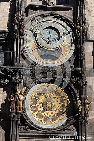 Vintage scene of Prague astronomic watch at city central square. Stock Photo