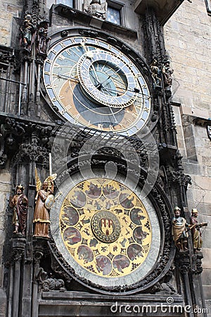 Vintage scene of Prague astronomic watch at city central square. Stock Photo