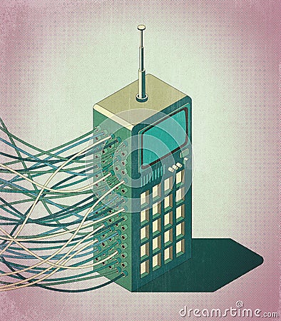 Vintage cordless phone with antenna and cables Cartoon Illustration