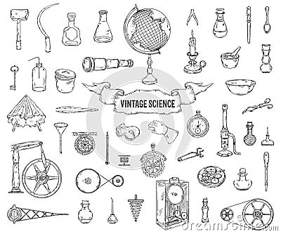 Vintage science objects set in steampunk style. Scientific equipment for physics, chemistry, geography, pharmacy Vector Illustration