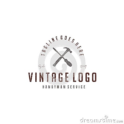 Vintage screwdriver and hammer for handyman service logo design Vector Illustration