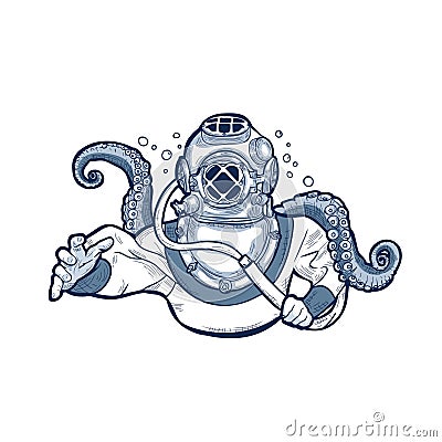 Vintage scuba diver escaping from octopus Vector Illustration