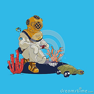 Vintage Scuba Diver playing Remote control turtle vector illustration Cartoon Illustration