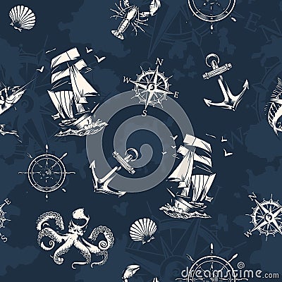 Vintage sea and nautical seamless pattern Vector Illustration