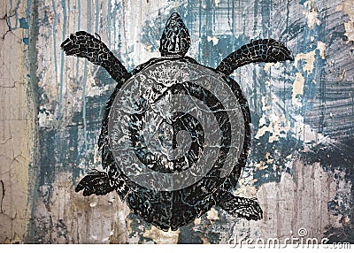 Vintage sea turtle drawing on grunge blue background Cartoon Illustration
