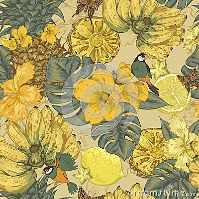 Vintage Seamless Background, Tropical Fruit Vector Illustration