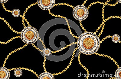 Vintage Seamless Fashion Pattern of Golden Chains and versace motif Stock Photo