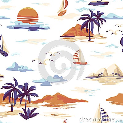 Vintage seamless island pattern Landscape with palm trees, yacht, beach and ocean hand drawn style Vector Illustration