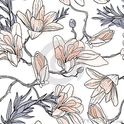 Vintage seamless pattern, background with spring flowers magnolia. Vector Illustration