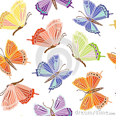 Vintage Seamless pattern: bird, butterfly on background. Imitation of embroidery. Hand drawn vector Vector Illustration