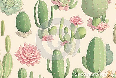Vintage seamless pattern of cactus and succulents pencil sketch Cartoon Illustration