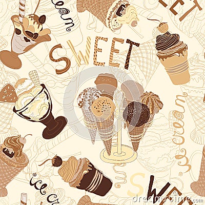 Vintage seamless pattern with collection of hand drawn ice cream Vector Illustration