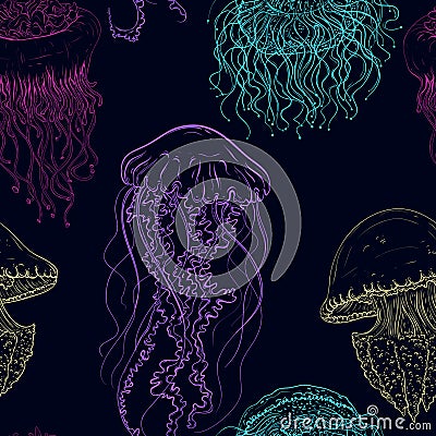 Vintage seamless pattern with collection of jellyfish. Hand drawn illustration of marine fauna in line art style. Cartoon Illustration