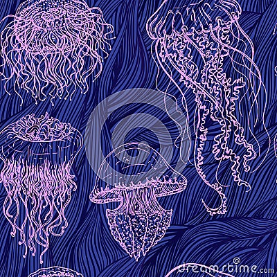 Vintage seamless pattern with collection of jellyfish. Hand drawn vector illustration of marine fauna in line art style. Vector Illustration