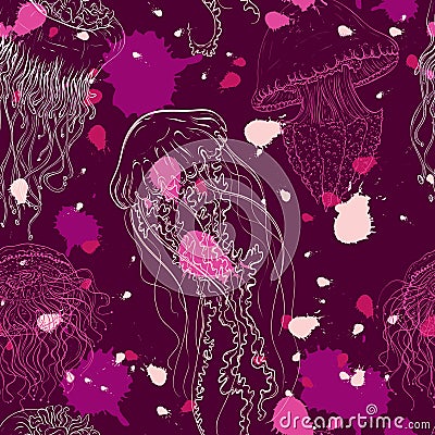 Vintage seamless pattern with collection of jellyfish. Hand drawn vector illustration of marine fauna in line art style. Vector Illustration