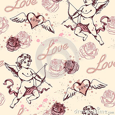 Vintage seamless pattern with Cupid Vector Illustration