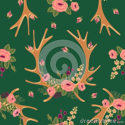 Vintage seamless pattern with deer antlers and Vector Illustration