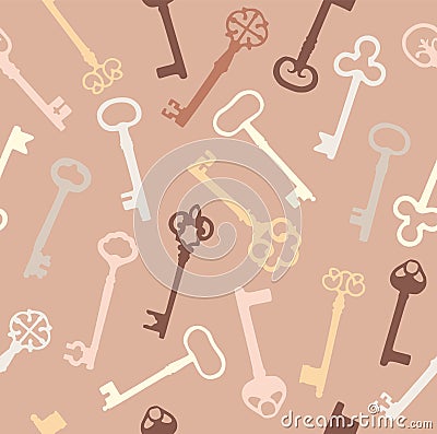 Vintage seamless pattern with different antique keys on pink Vector Illustration