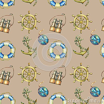 Vintage seamless pattern with nautical elements, on sand color background. Old binocular, lifebuoy, antique sailboat ste Cartoon Illustration