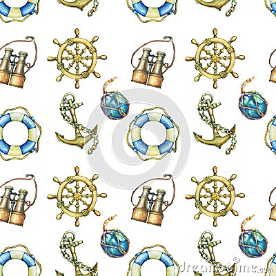 Vintage seamless pattern with nautical elements, on white background. Old sea binocular, lifebuoy, antique sailboat steer Cartoon Illustration