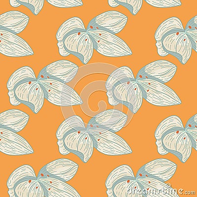 Vintage seamless pattern with outline doodle grey orchid flowers elements. Orange background Vector Illustration