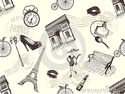 Vintage seamless pattern of Paris theme Vector Illustration