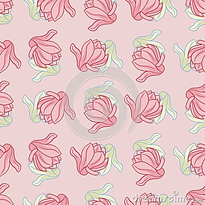 Vintage seamless pattern with pink outline magnolia flowers shapes. Pink pastel background Vector Illustration