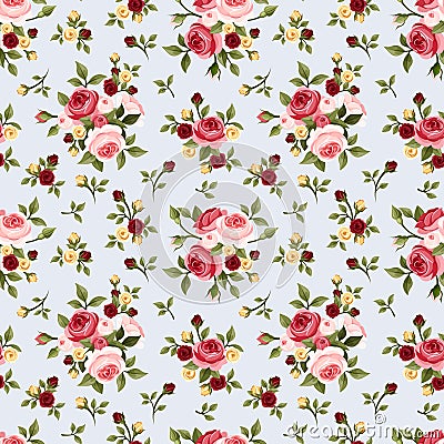 Vintage seamless pattern with pink roses on blue. Vector illustration. Vector Illustration