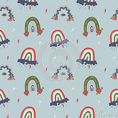 Vintage seamless pattern with rainbows. Various trendy rainbows with hearts and tears on a blue background with lightning. Vector Vector Illustration