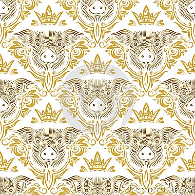 Vintage seamless pattern of repeating pig muzzle in floral ornament with crown. Gift wrapping for Chinese New Year 2019 Vector Illustration