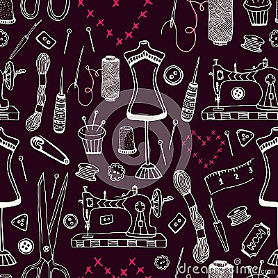 Vintage seamless pattern with sewing tools. Fashion wrapping paper. Handicraft pattern design Stock Photo