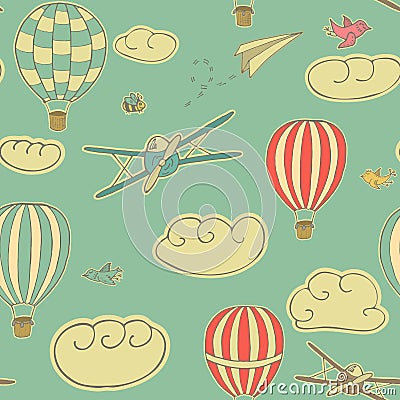 Vintage seamless pattern, vector illustration with hot air balloons, planes and birds flying in the blue sky with texture. Patter Vector Illustration