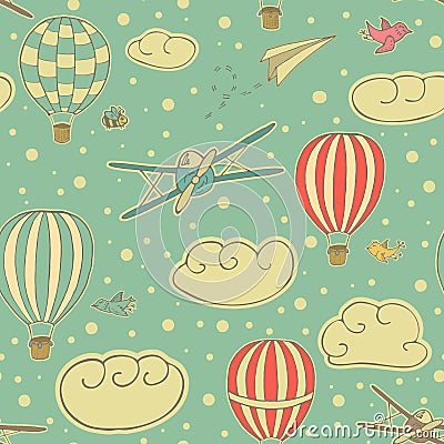Vintage seamless pattern, vector illustration with hot air balloons, planes and birds flying in the blue sky with texture. Patter Vector Illustration