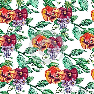 Vintage Seamless pattern watercolor pansy flowers. Vector Illustration