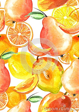 Vintage seamless pattern with watercolors - from tropical fruit, citrus spray, lemon, orange, lime, pear, mango fruit Stock Photo