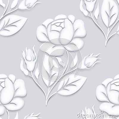 Vintage Seamless Pattern with White Rose Inspired by Stucco Vector Illustration